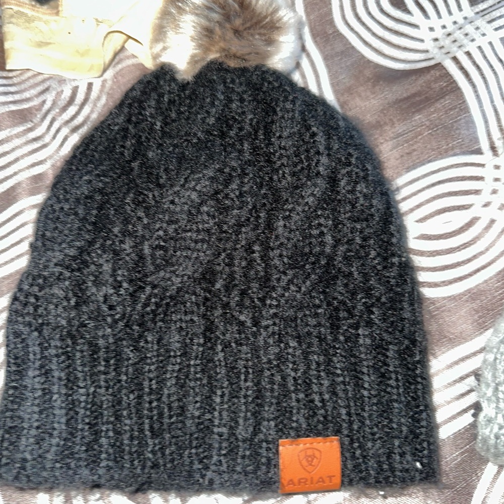 Ariat Charcoal Knit Beanie with Faux Fur Pom